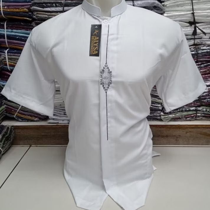 BAJU KOKO PRIA BORDIR LIS TOYOBO PREMIUM TERMURAH BERKUALITAS/ KOKO PRIA LEGAN PENDEK PUTIH BORDIR l
