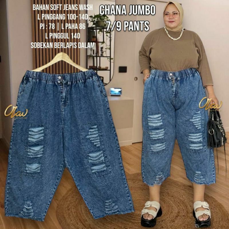 Chana blue Celana panjang Wanita jeans wash tebal JUMBO / olav