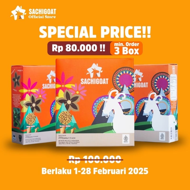 

SACHIGOAT *special price - Nutrisi superfood berbasis bahan susu kambing, gula aren, fenugreek (kelabet) dan minyak sacha inchi perasan pertama