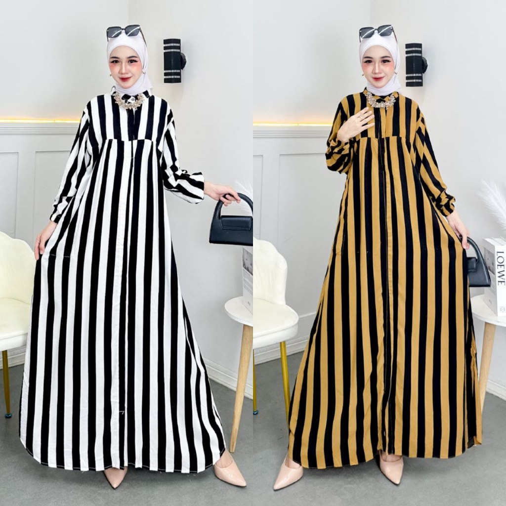 ALANA GAMIS SALUR WANITA MOTIF  LURIK HITAM PUTIH/ GAMIS MODEL SILANG BELAKANG KEKINIAN TERBARU