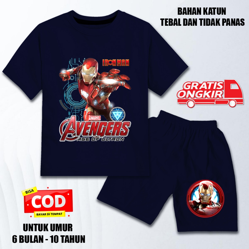 Setelan lengan pendek anak laki laki perempuan set baju kaos pendek anak katun dtf iron man 2