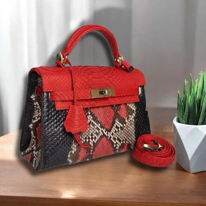 Tas Kulit Ular Piton Asli Wanita tas kulit asli ular python Merah Motif Asli Sisik