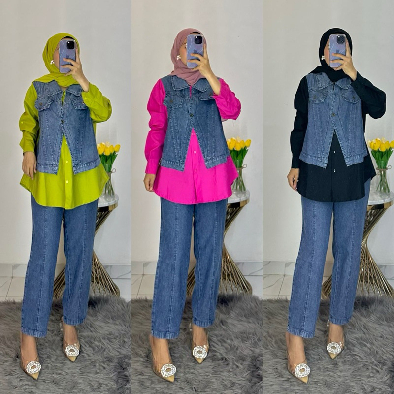Frendi collection | One set jeans wanita rompi, setelan wanita lengan panjang plus rompi jeans, baju