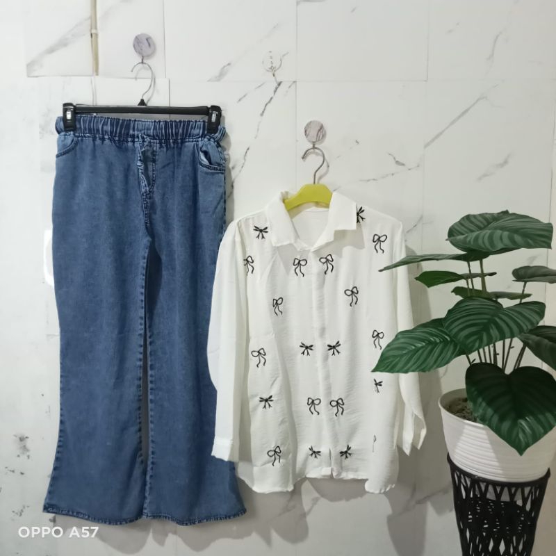 Ficca Setelan Wanita Atasan Crincle Motif Dan Celana Kulot Jeans Cutbray