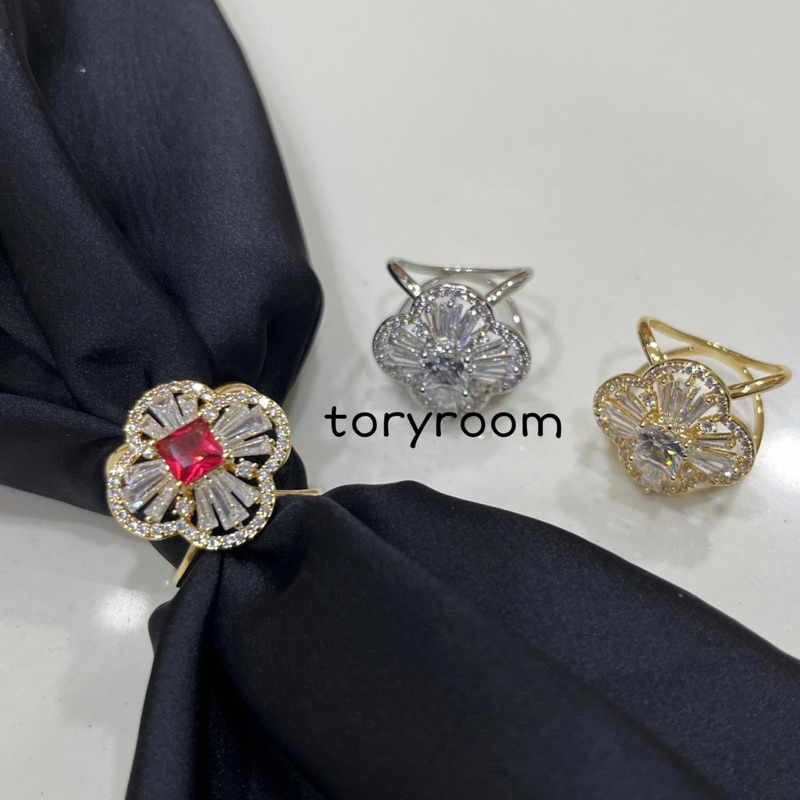 Ring hijab cincin jilbab syal scarf model vc bunga clover zircon trapezed lis micro diamond
