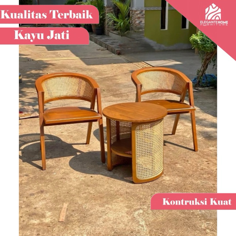 kursi teras, kursi teras rotan, kursi tamu rotan, kursi rotan, kursi cafe rotan kayu jati