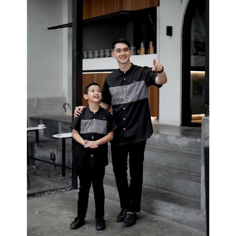 Baju Koko lengan pendek Couple motif kombinasi batik warna hitam Couple Ayah dan Anak premium