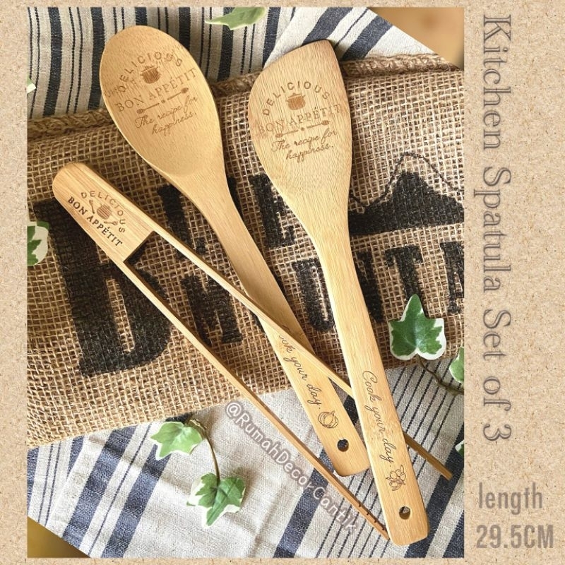 Japan Aesthetic Kitchen Spatula Sutil 1 set isi 3bh Bambu Food Grade Tulisan Ukir Bakar Home Decor