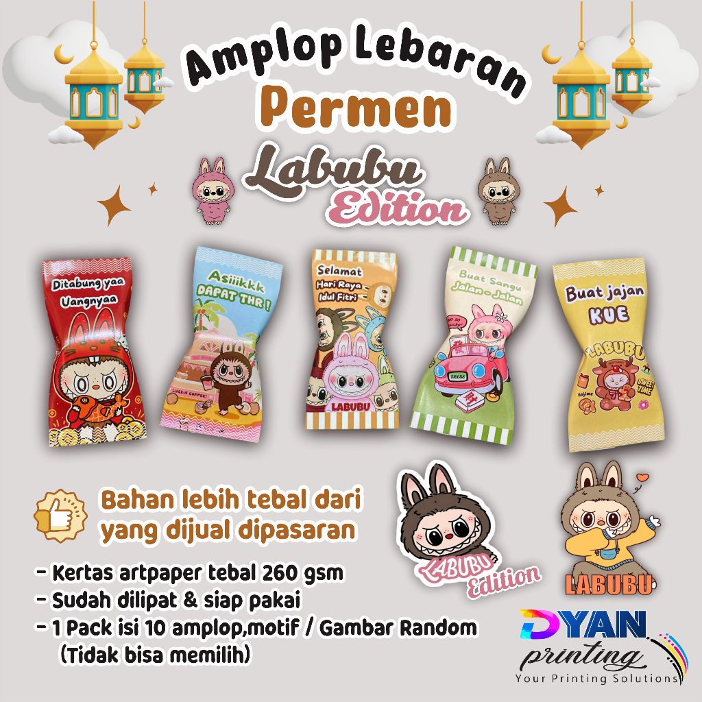 

1 PACK ISI 10 LABUBU AMPLOP LEBARAN BENTUK PERMEN VIRAL KEKINIAN READY TANPA PO