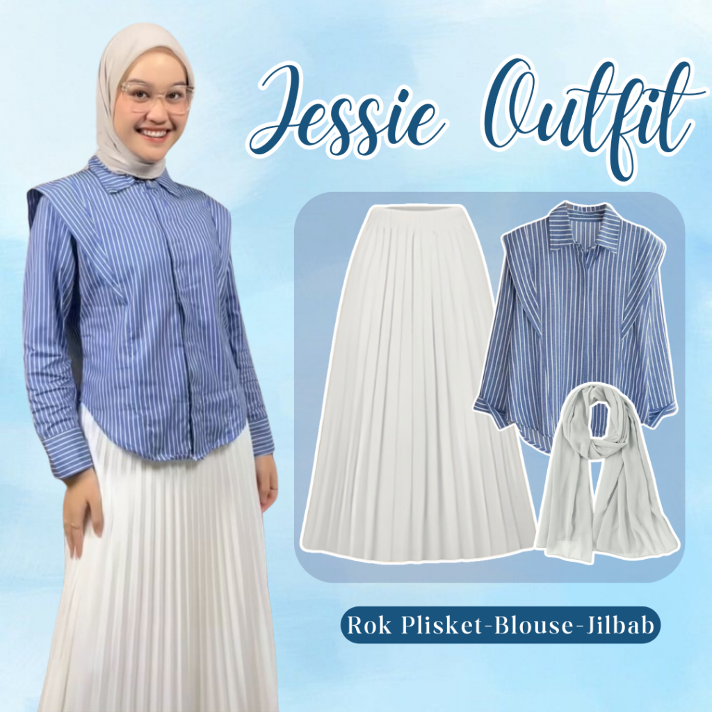 Jessie - Ootd Hijab Style (Kemeja Stripe - Rok Plisket - Jilbab Bella Square) One Set Wanita LP117
