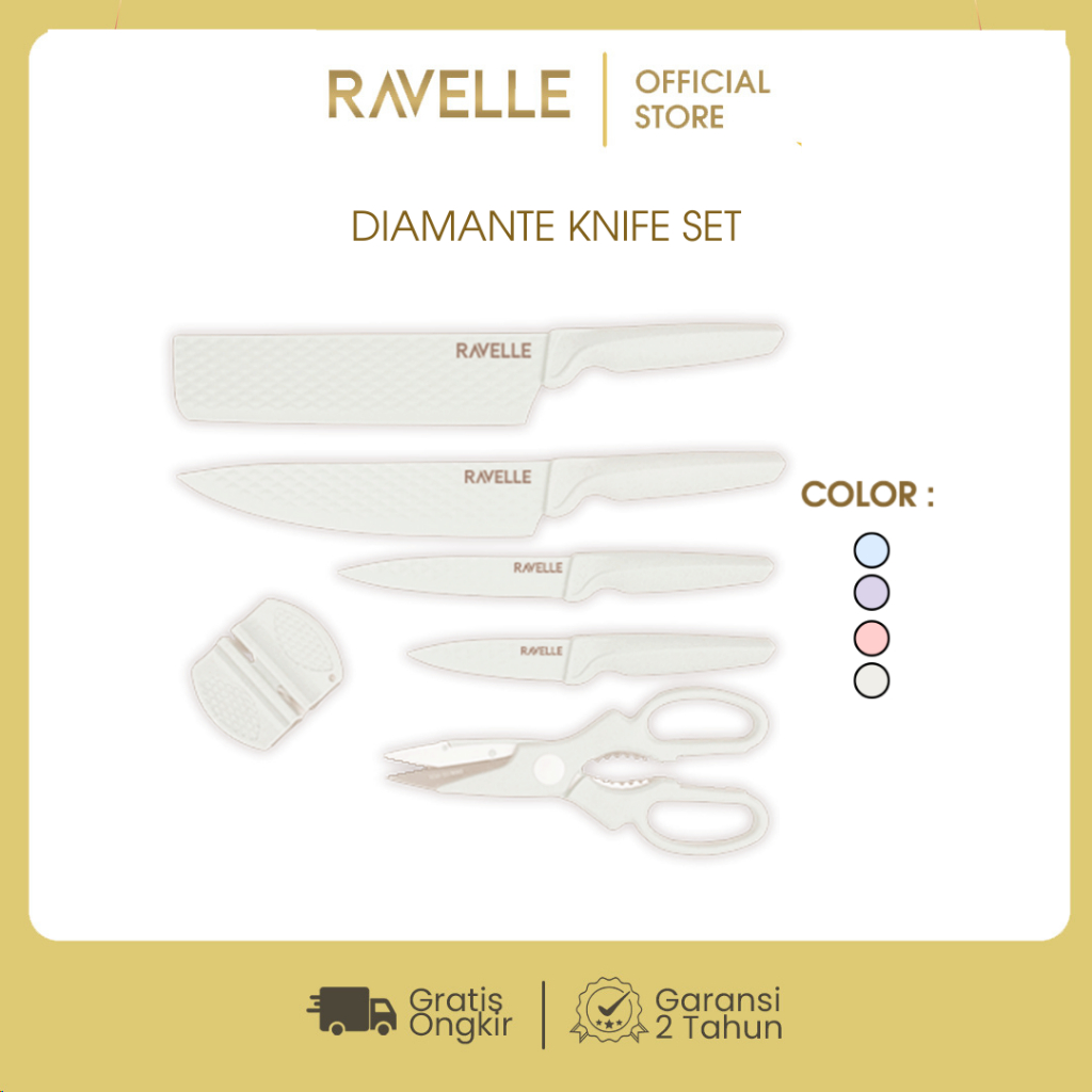 ORIGINAL RAVELLE Pisau Set Knife Set 6 in 1 Set - Pisau Dapur Anti Lengket Diamante
