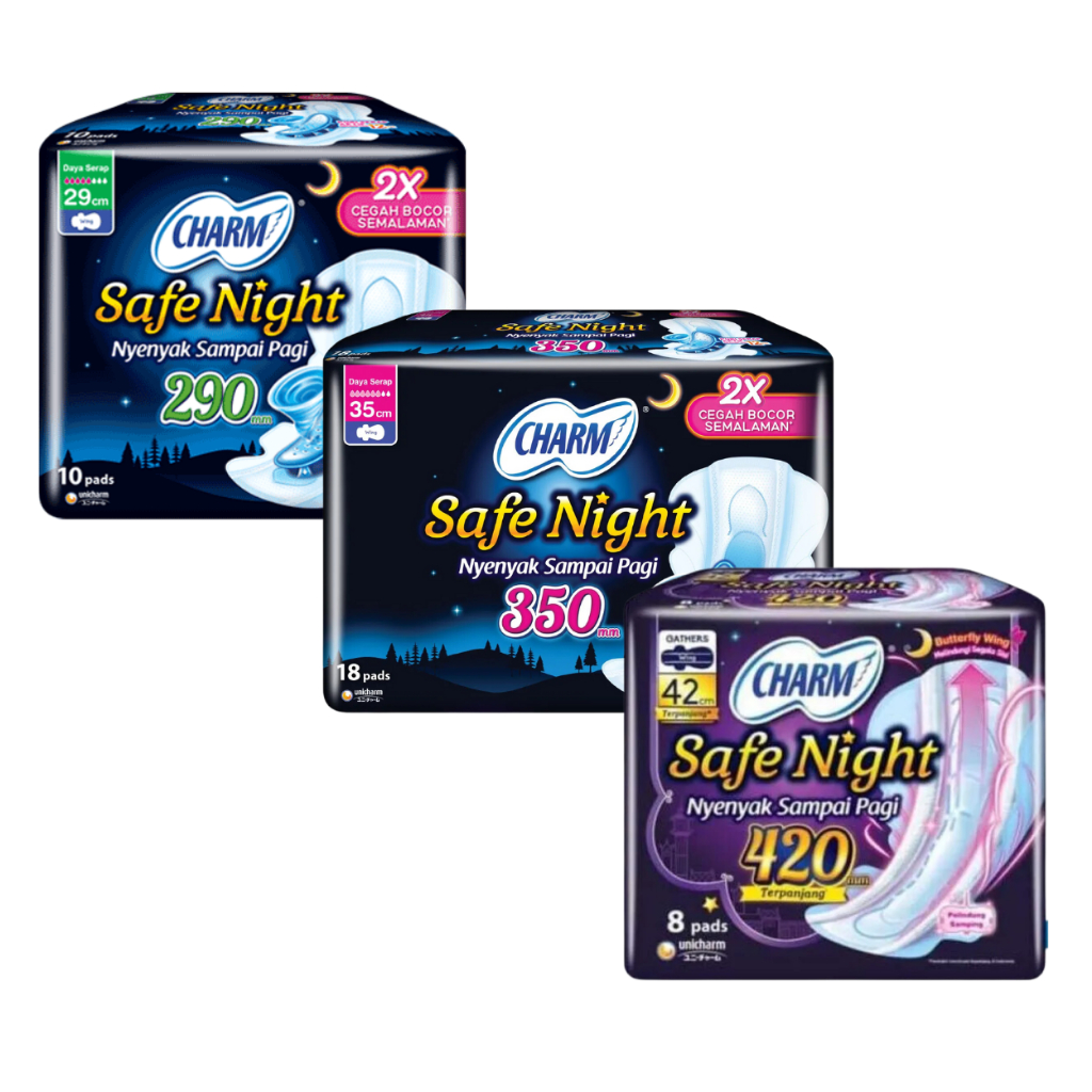 Charm Safe Night  Cegah Bocor Semalaman Pembalut Anti Bocor Pembalut Wanita Lebih Panjang 2x