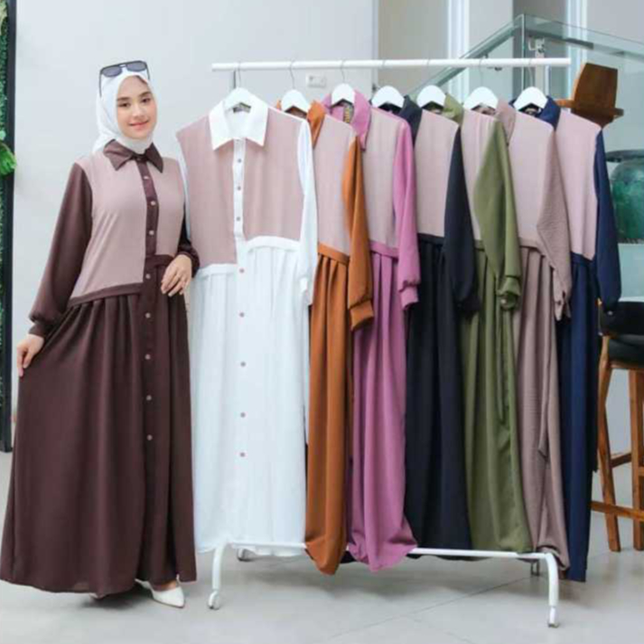 Gamis Tania Jumbo Cringkle Airflow Kancing Depan dengan Tali Pinggang Kain Adem dan Nyaman