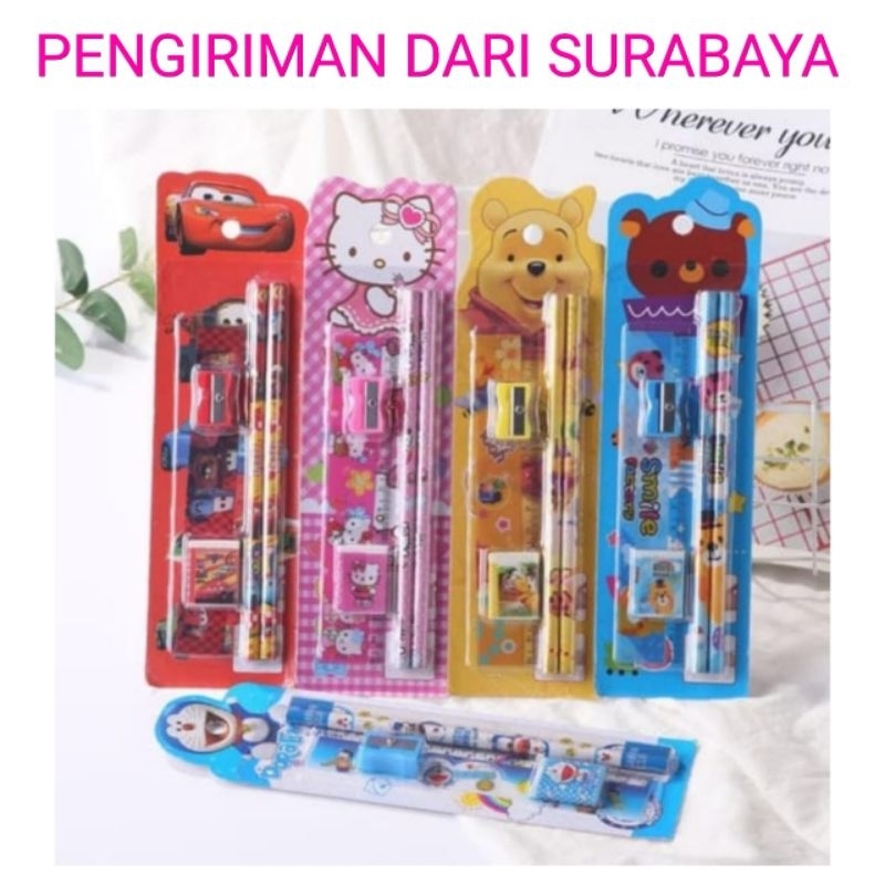 

Pensil Set Anak 5in1 Alat Tulis Sekolah Penghapus Penggaris Serutan Tempat Buku Stationery Karakter