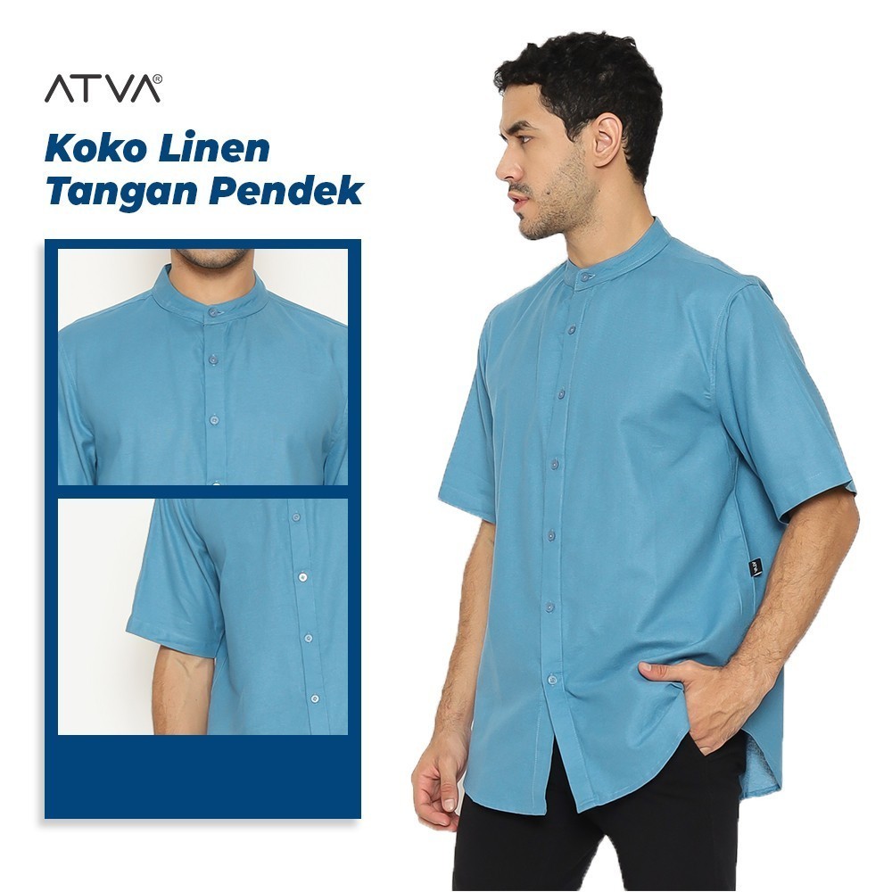 Baju koko kurta Pria bahan linen tangan pendek warna biru denim atau blue kemko cowok denim atva