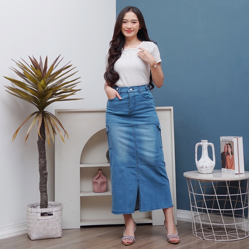 rok jeans span wanita | rok panjang wanita denim | rok jeans korean style kekinian | rok span jeans 