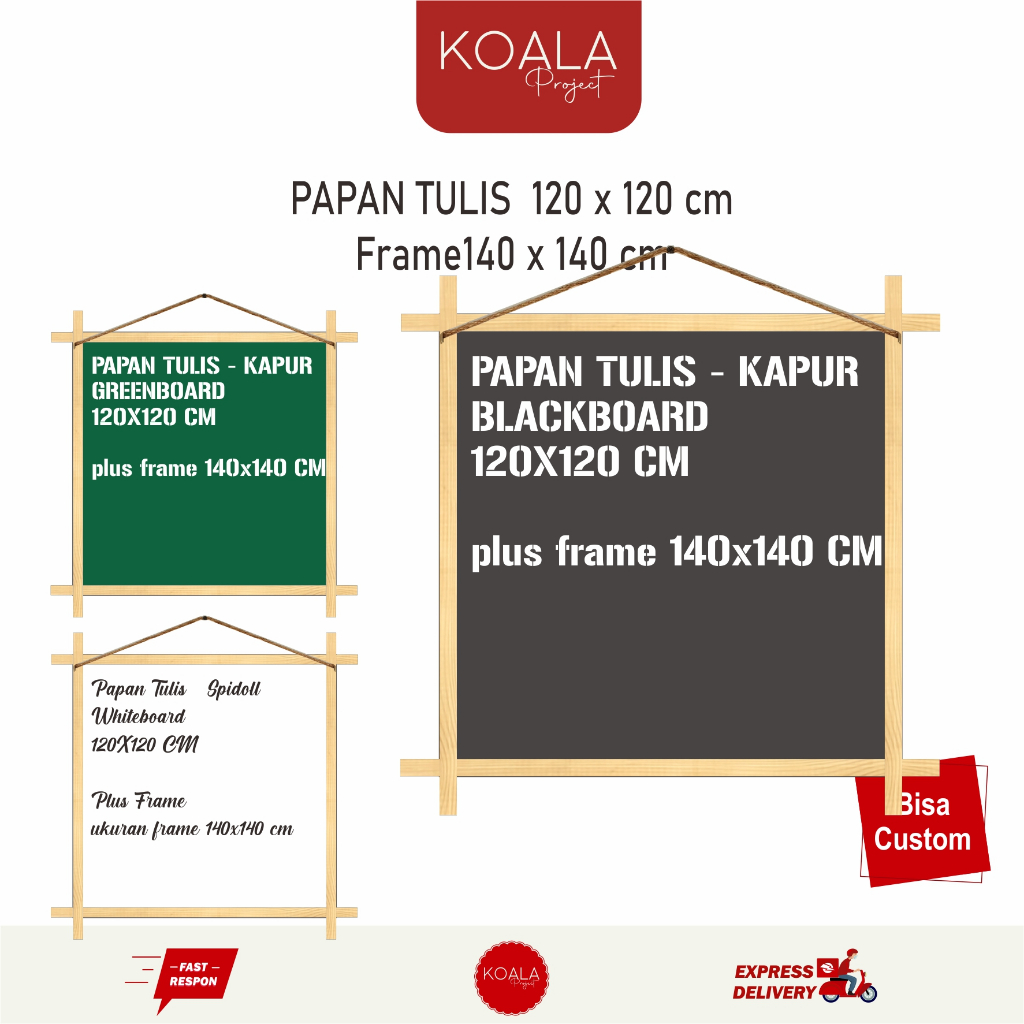 

PAPAN TULIS KAPUR HITAM BLACKBOARD GREENBOARD WHITEBOARD 120X120 CM - FRAME PLUS 140 X 140 CM - KOALA PROJECT