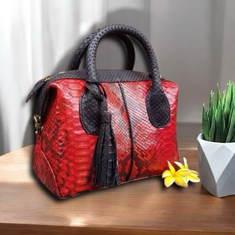 Tas Kulit Ular Piton Asli Wanita Tas Natalie Kulit Asli Original Motif Full Merah