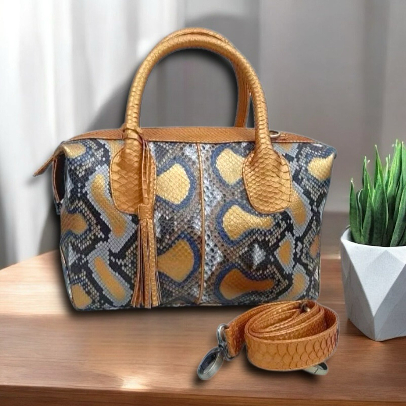 Tas Kulit Ular Piton Asli Wanita Tas Natalie Kulit Asli Original Motif Mix Gold Natural