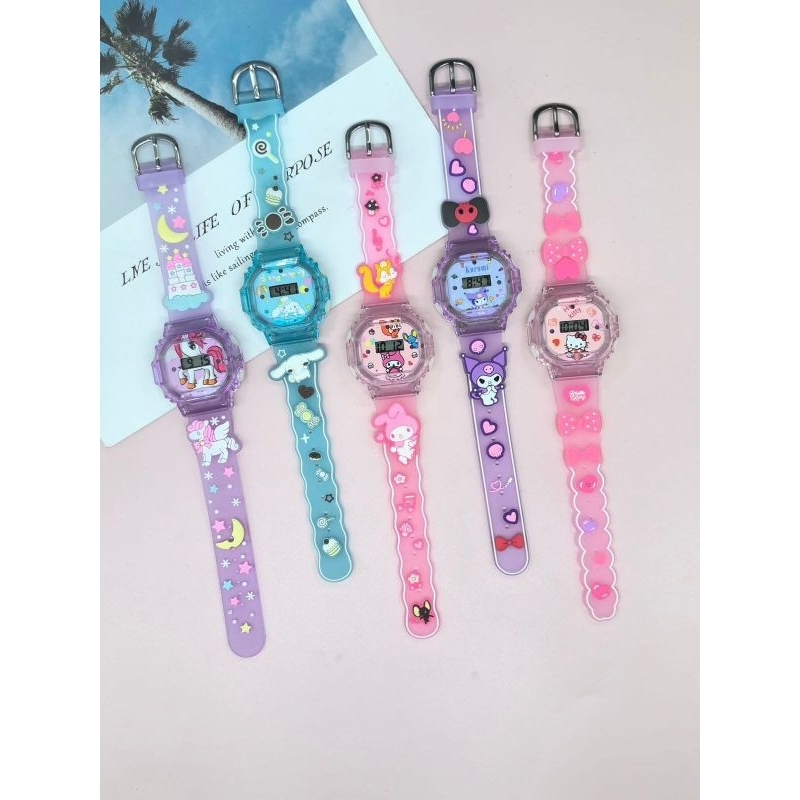 Jam tangan Anak Cowok Cewek Laser Spinner Bunyi Lampu Analog Spiderman, Hello Kitty, Frozen, Boboibo