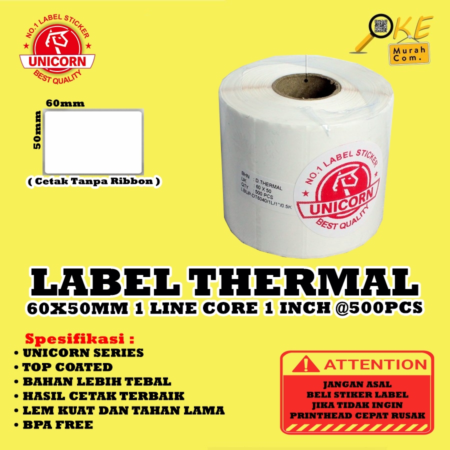 

Stiker Label Barcode Themal 60x50mm / 60x50 mm / 60 x 50 mm 1 Line Core 1 Inch