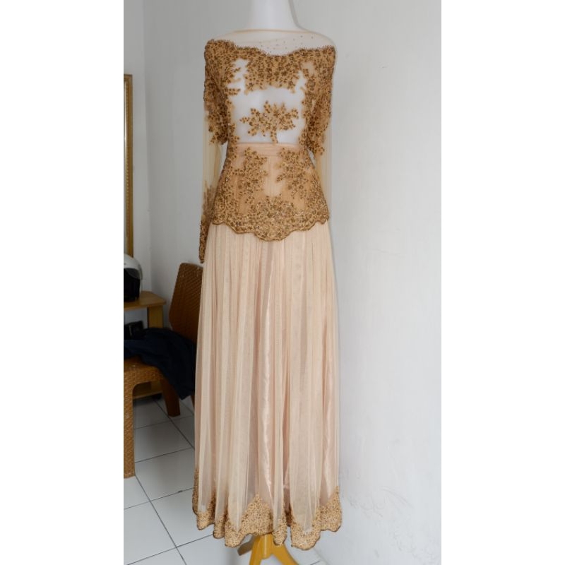 Gaun pengantin Payet jumbo (BS) leher Sabrina lengan panjang rok payung