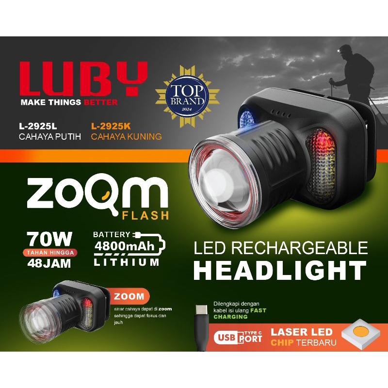 Senter Kepala Luby 70watt L-2925 zoom Flash cahaya putih&kuning