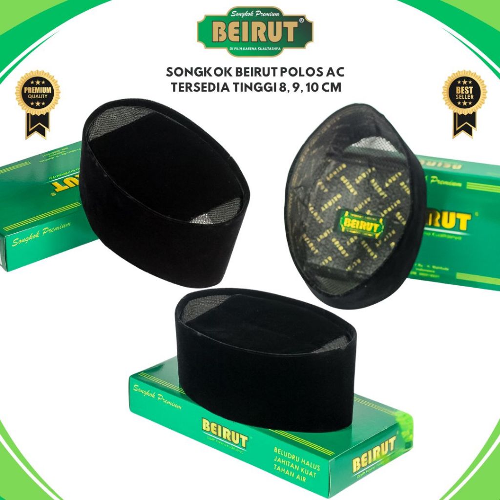 PROMO, Peci Songkok Hitam AC Bludru Tahan Air Premium, Peci Beirut Tinggi 7, 8, 9, 10 cm