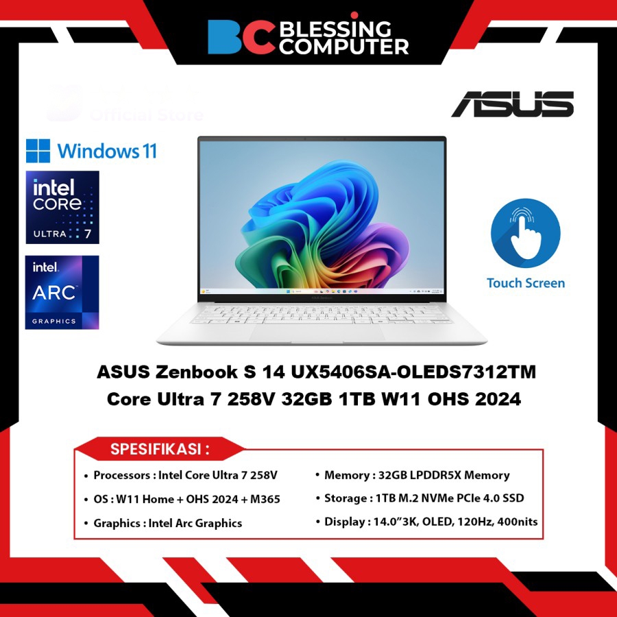 ASUS Zenbook S 14 UX5406SA OLEDS7312TM Core Ultra 7 258V 32GB 1TB W11 OHS 2024 Microsoft 365 Basic S