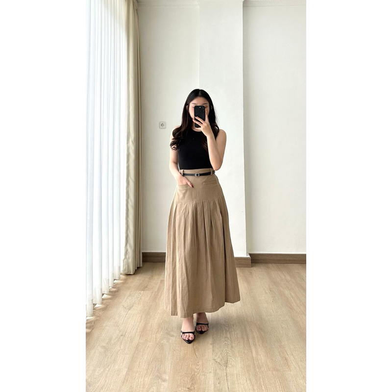 linen pleated skirt | rok panjang linen | rok panjang kantong