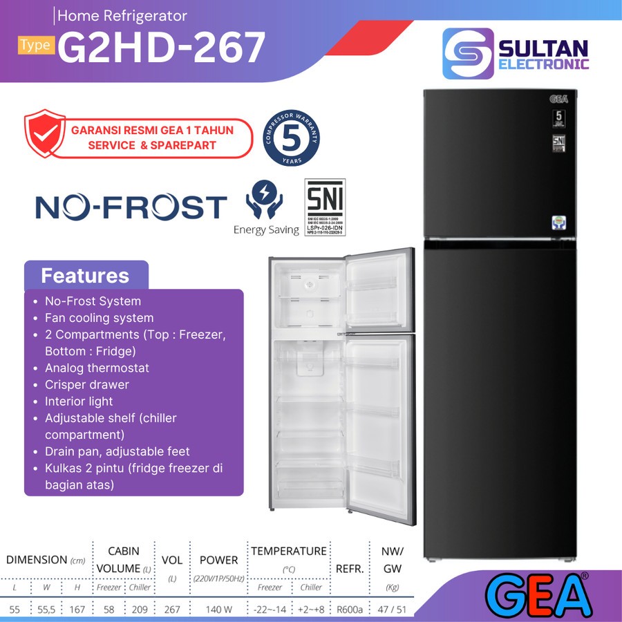 GEA Home Refrigerator G2HD-267 / G2HD 267 / G2HD267 Kulkas Rumah 2 Pintu Hemat Listrik Kapasitas 267
