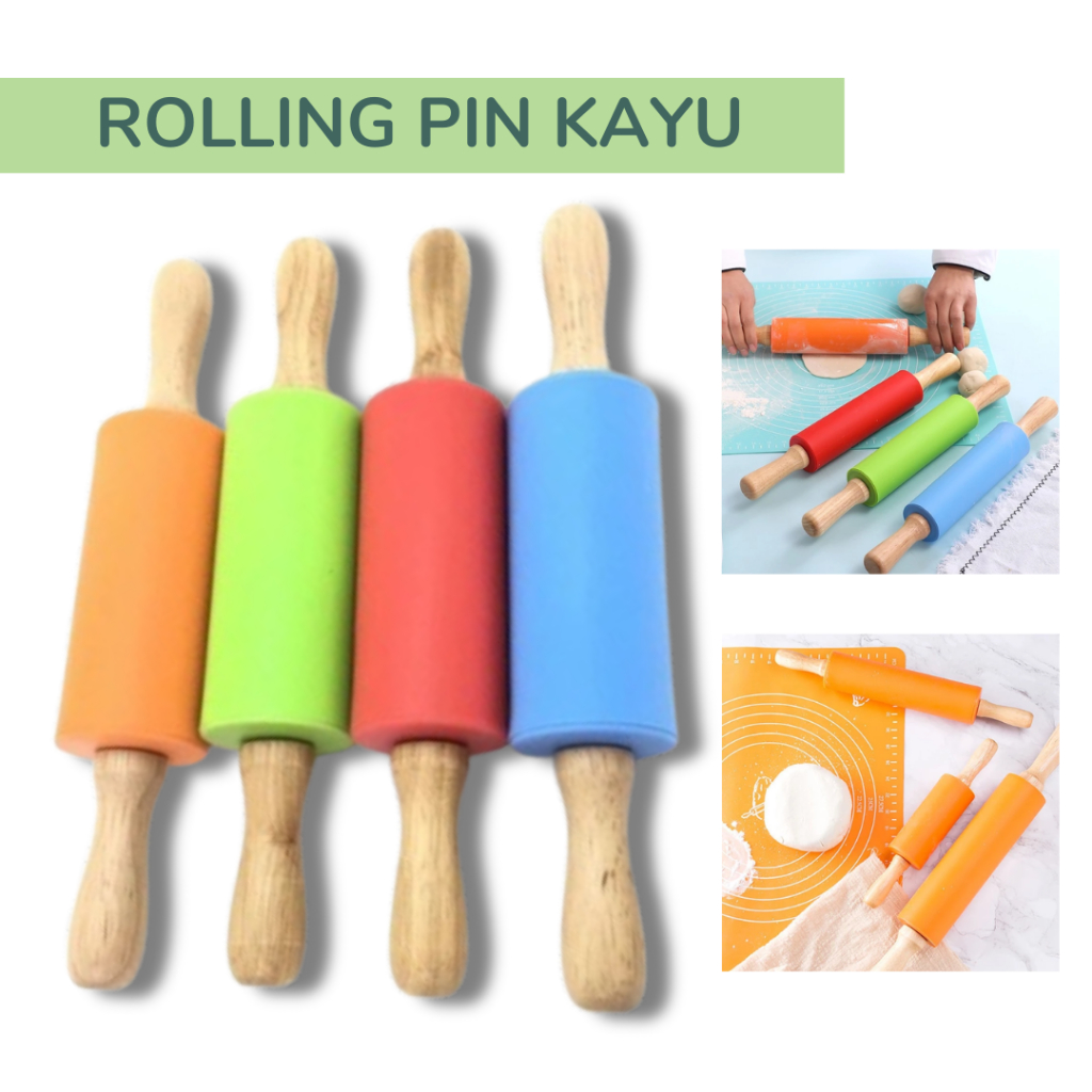 Rolling Pin Silikon Warna Gagang Kayu Penggiling Adonan Kue Pastri