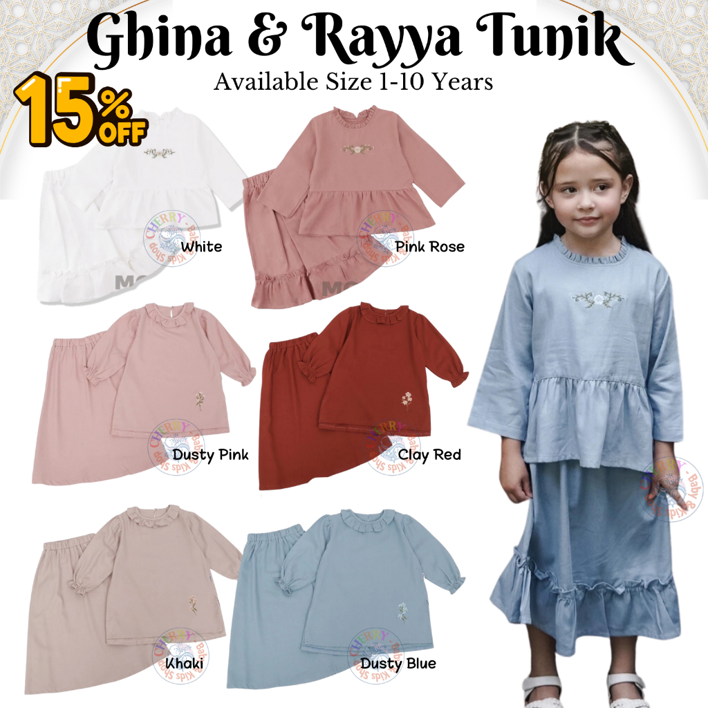 AMBYAR Mooi Ghina Tunik 1-10 Tahun Rayya Setelan Tunik Rok Lebaran / Tunik Raya Pakaian Muslim / Pak