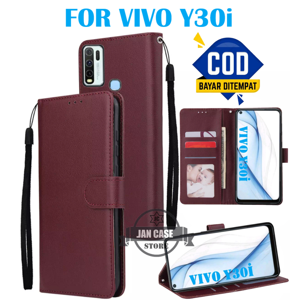 LEATHER CASE PREMIUM VIVO Y30I FLIP COVER WALLET BISA BUKA TUTUP DAN STANDING