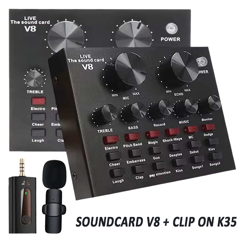 Paket Soundcard V8 + Wireless Clip On K35 Live Streaming