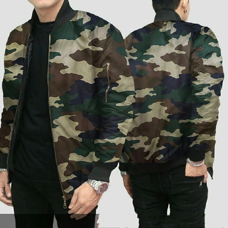 Jaket Polos / Jaket Bomber Loreng / Motif Loreng bahan 2 lapisan taslan halus dan Flece