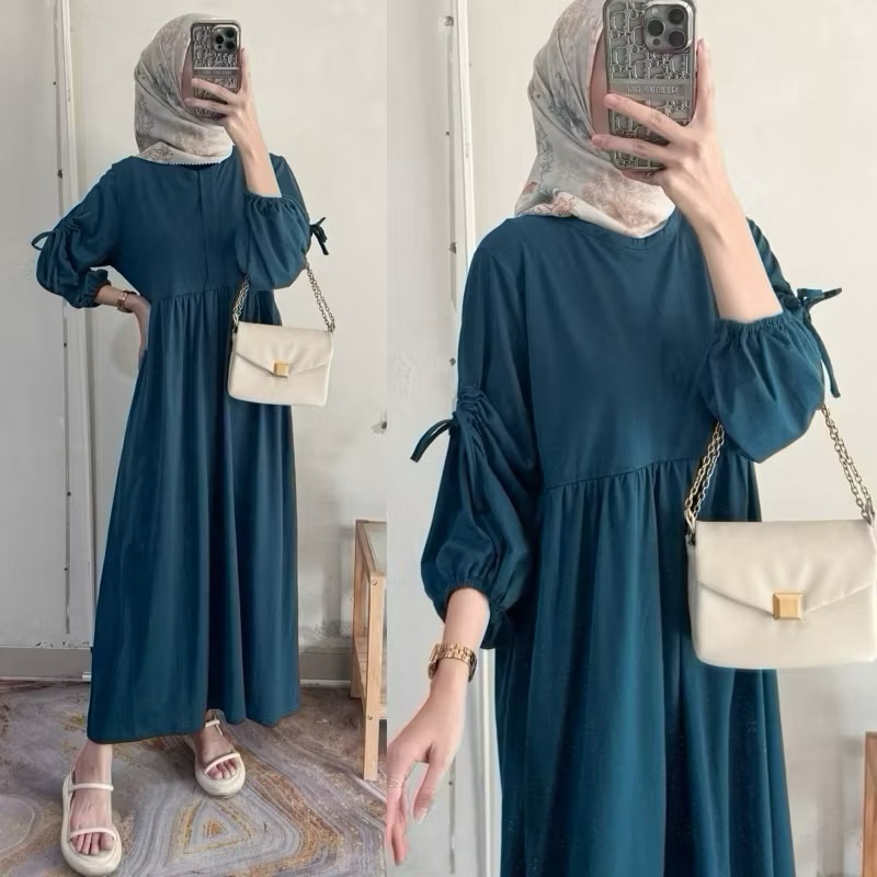 Nabila Midi Dress - Gamis Lengan Panjang Serut Wanita Premium - Midi Dress Wanita Rayon Twill Premiu