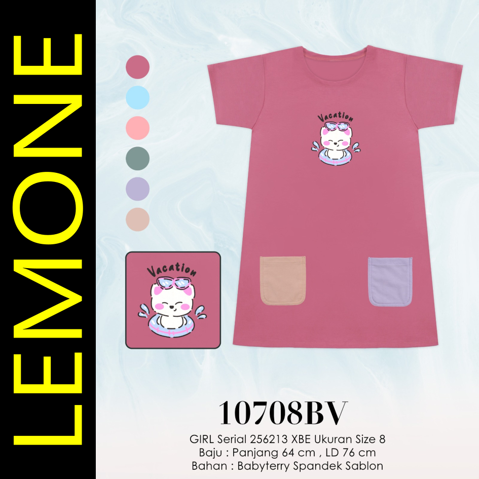 LEMONE for Girls 10708 BabyTerry Spandek Dress Daster mini kantong anak perempuan cewek Size 08 umur
