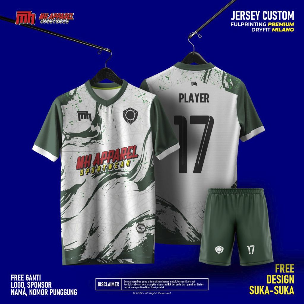 MH APPAREL - KERAH V Baju Jersey Bola / Futsal Custom Satuan Bahan Dryfit Milano - GREEN FIRE