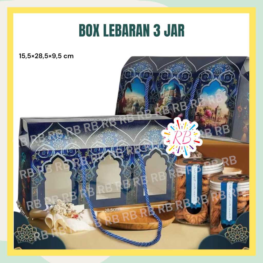 

Box Idul Fitri 3 JAR Lebaran / Kotak Kue Lebaran / Parcel Idul Fitri / Hampers Lebaran ukuran 15x28x9 cm