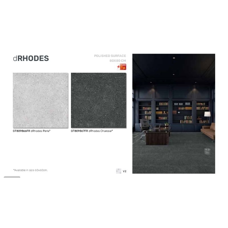 Roman Granit dRhodes Perla Charcoal 80x80 gloss polished surface granit dinding lantai tembok indoor