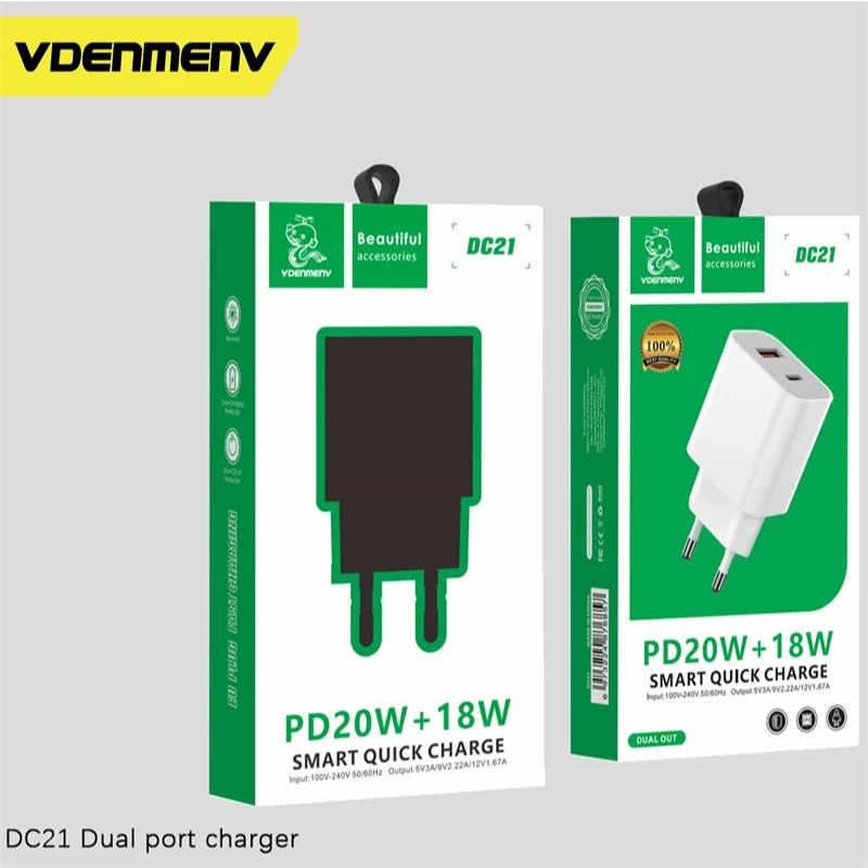 VDENMENV DC21 Phones Chargers PD 20W USB 18W Fast Charging Travel Wall Charger for iPhone Oppo