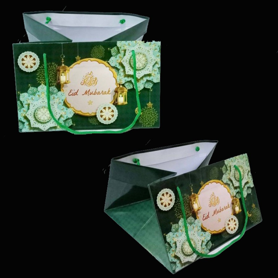 

5 Pcs Paperbag Lentera Hijau Packaging Hampers Lebaran Idul Fitri 27x27x20cm
