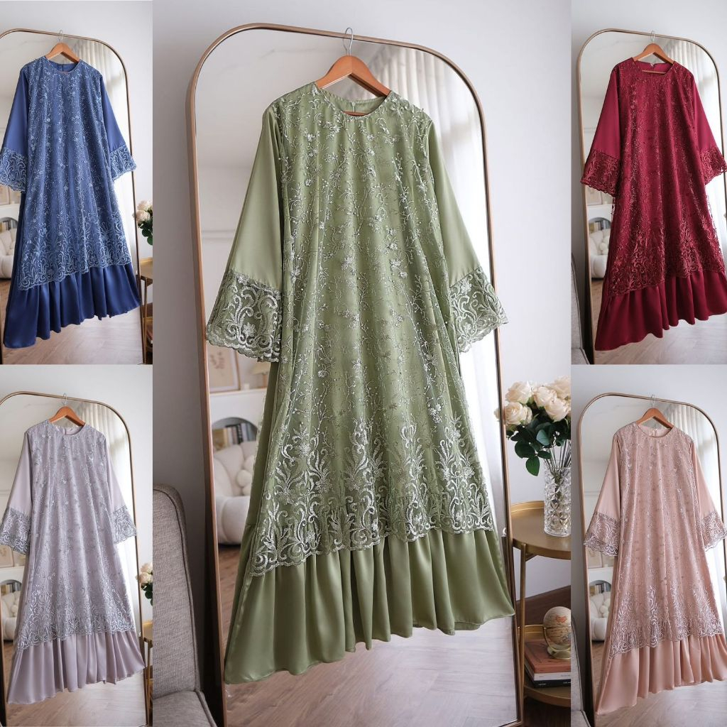 Gamis Maxi Brokat Tile Glitter dengan Furing Moscrepe
