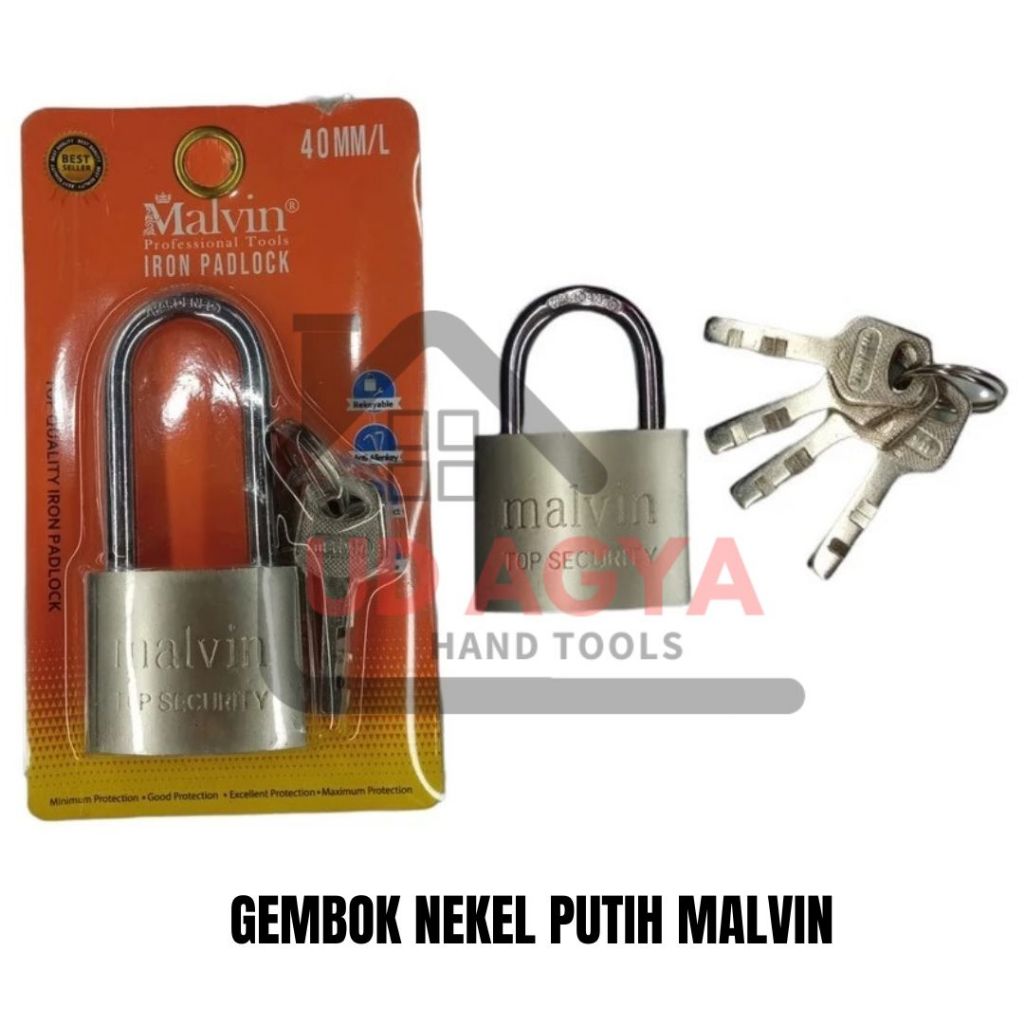 GEMBOK NEKEL PUTIH MALVIN 30 40 50 60 PENDEK PANJANG / GEMBOK PAGAR / GEMBOK KAMAR / GEMBOK ANTI MAL