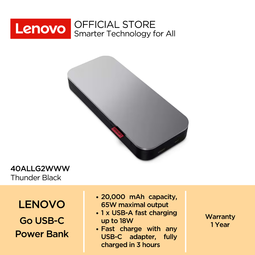 Lenovo Go USB-C Power Bank 20000 mAh 1x USB-C port + 1x USB-C Integrated Cable, 1x USB-A Fast Chargi