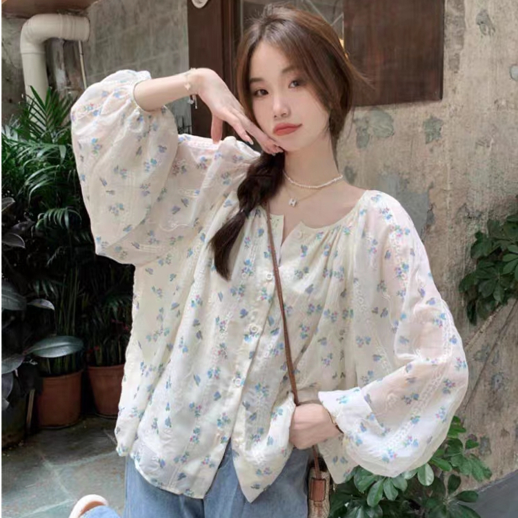 Blouse Flower Panjang Lengan Korean Style Vintage Bunga Blouse Floral Kemeja