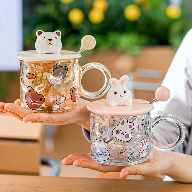 Gelas Kaca Karakter Mug Estetik Beruang Kelinci Gelas Kopi Teh Susu Gelas Estetik