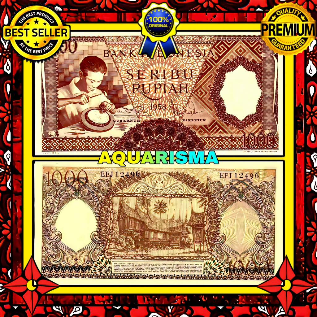 KOLEKSI NUMISMATIK - SOUVENIR UANG KUNO 1000 RUPIAH INDONESIA PENGRAJIN 1958