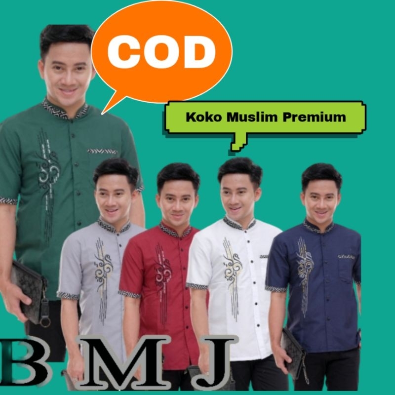 Baju Koko Pria Dewasa Baju Koko Hijau Lengan Pendek Motif Batik dan Bordir Khas Pekalongan